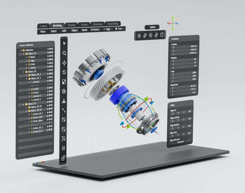 Engineering designer design 3D CAD software program Industrial engine model mechanical dimensional digital manufacturing factory engineer computer screen. 3d rendering.